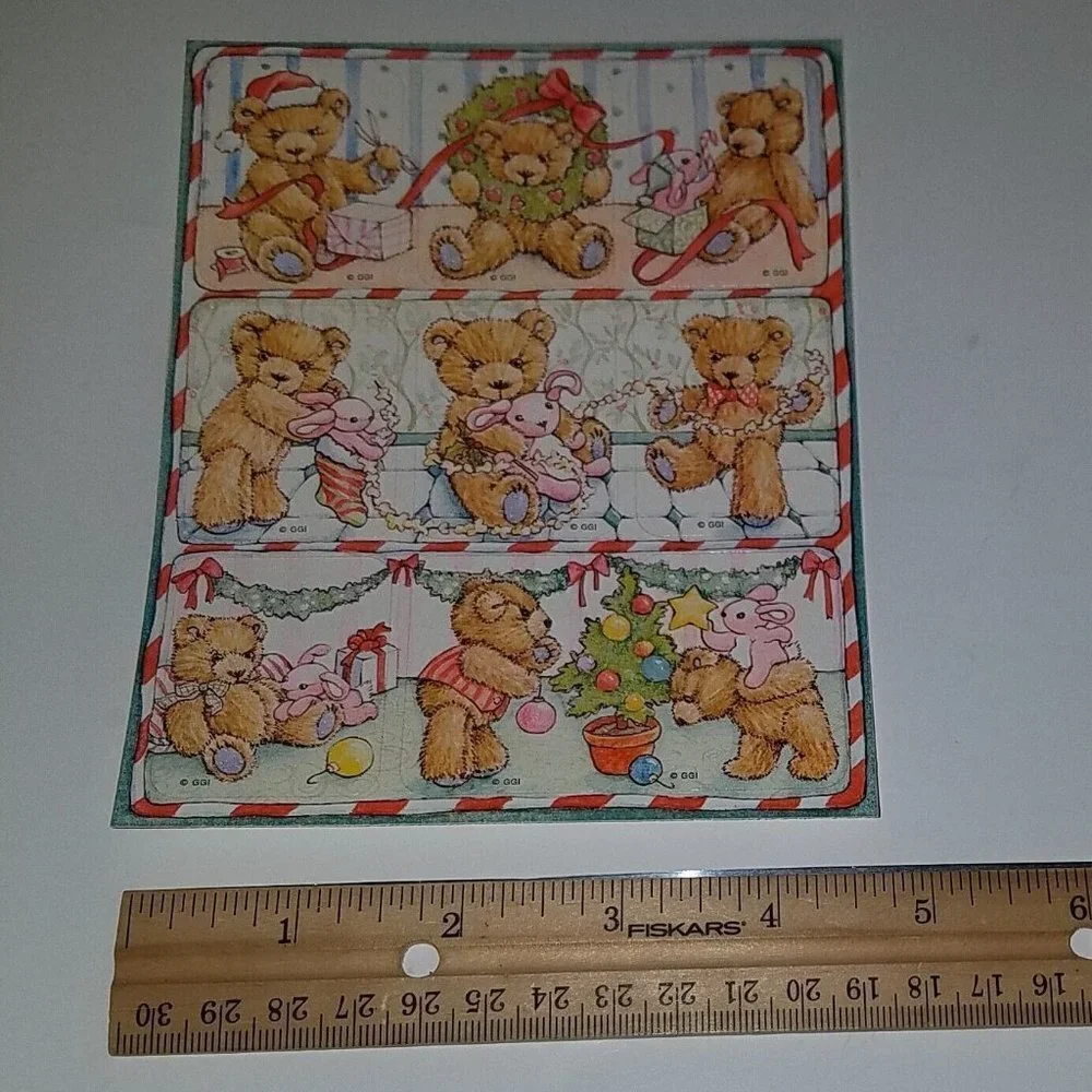 VTG Gibson Christmas Teddy Bear Stickers Presents Pink Bunny ~ Lot of 4 Sheets